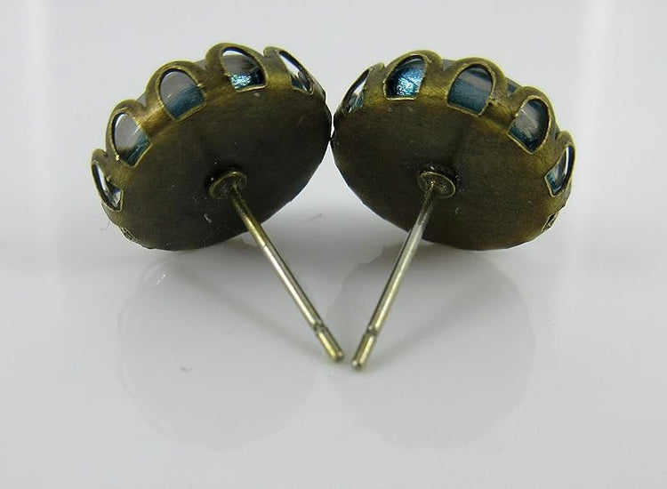 Summerfield Collection Antiqued Gold-tone Aqua Blue and Pink Glitter Glass Stud Earrings Hand-painted 12mm