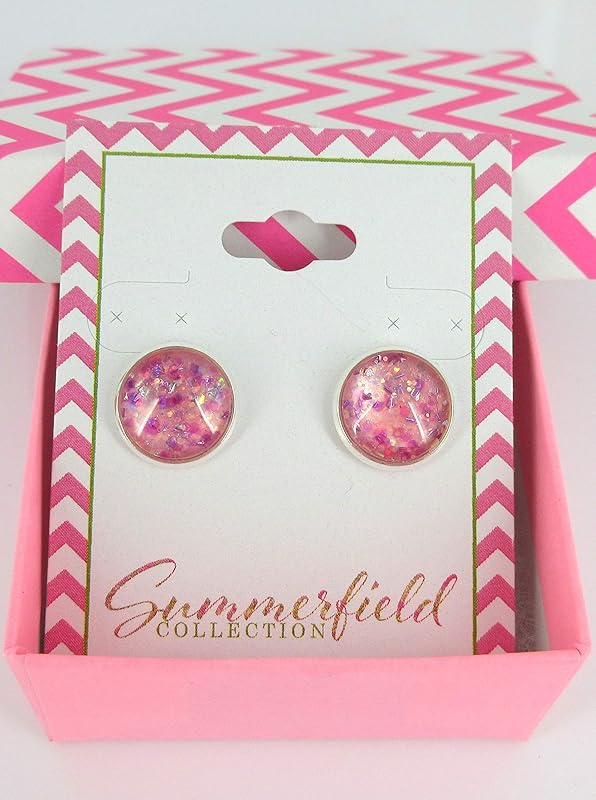 Summerfield Collection Silver-tone Pink and Purple Iridescent Glitter Glass Stud Earrings Hand-painted 12mm