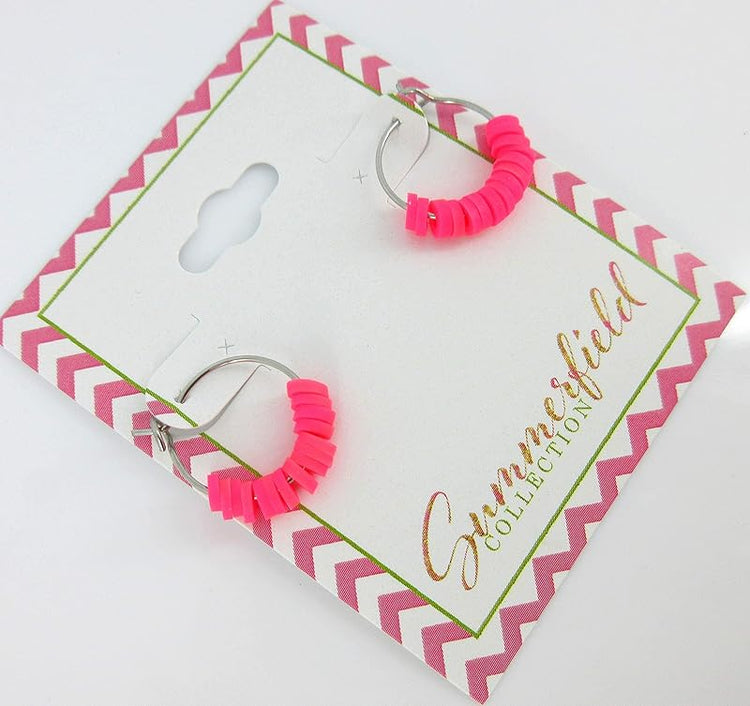 Summerfield Collection 15mm Stainless Steel Polymer Clay Katsuki Bead Hoop Earrings (Neon Pink)