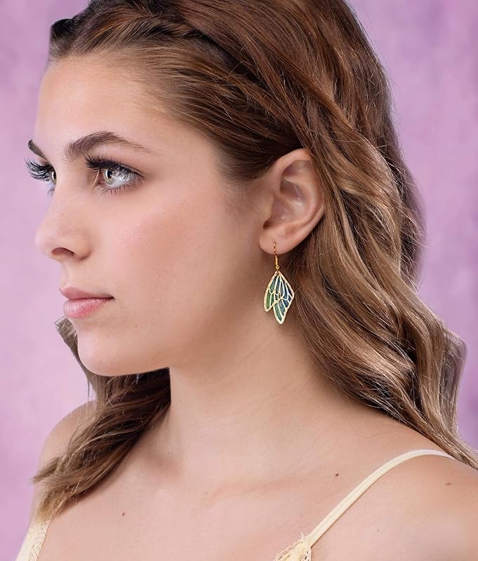 Summerfield Collection Gold Tone Butterfly Wing Fabric Dangle Earrings (Blue and Green Double Wing)