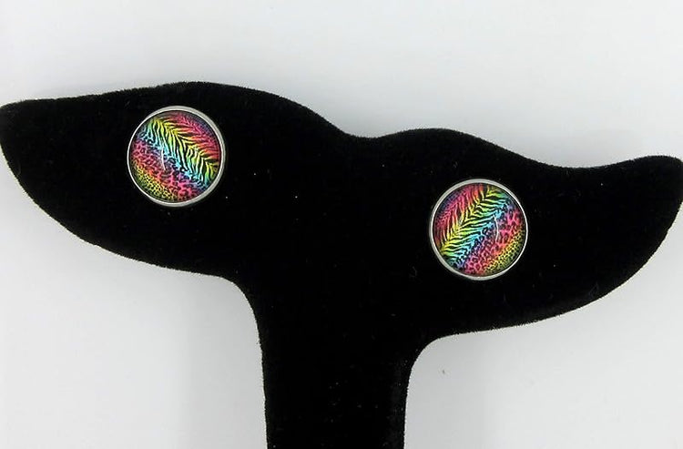 Summerfield Collection Stainless Steel Rainbow Tiger Animal Print Glass Stud Earrings 12mm