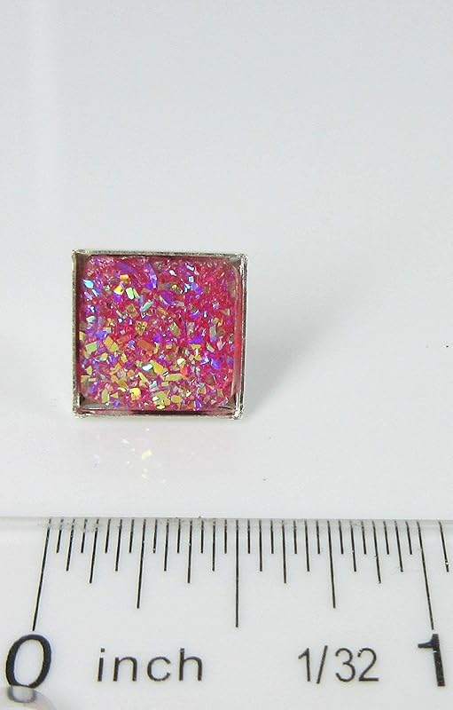 Summerfield Collection Silver-tone Geometric Square Shaped Flat Faux Druzy Stud Earrings 12mm (Hot Pink)