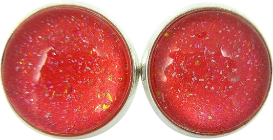 Summerfield Collection Silver-tone Coral Iridescent Glitter Glass Stud Earrings Hand-painted 12mm