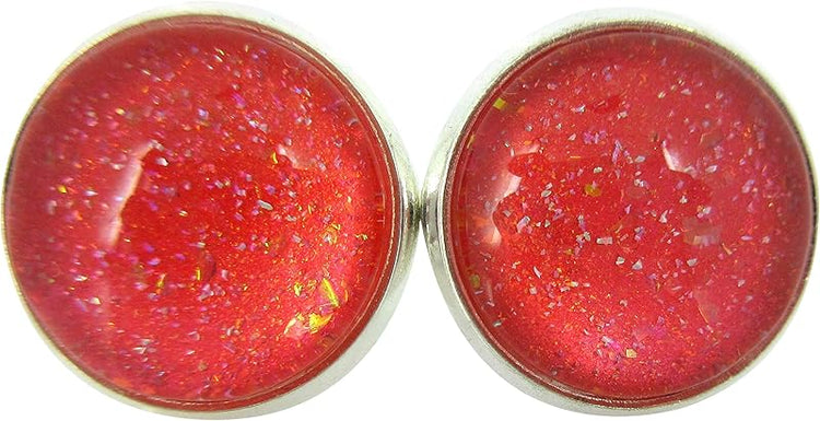 Summerfield Collection Silver-tone Coral Iridescent Glitter Glass Stud Earrings Hand-painted 12mm