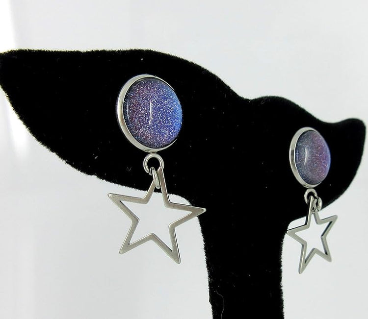 Summerfield Collection Stainless Steel Blue Galaxy Glitter Glass Stud and Star Drop Earrings