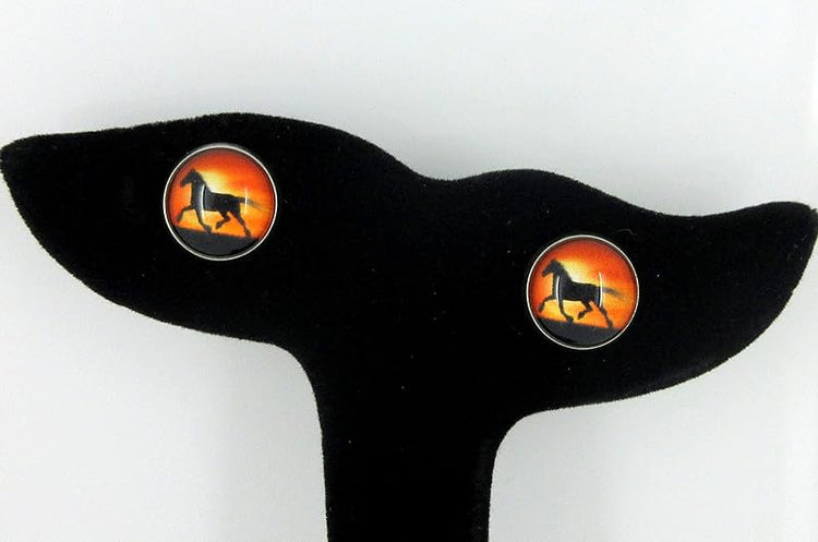 Summerfield Collection Stainless Steel Sunset Horse Print Glass Stud Earrings 12mm
