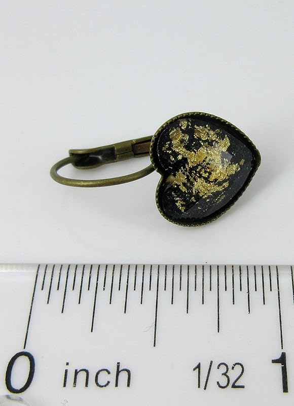 Summerfield Collection Antiqued Gold-tone Leaf Foil Black Glitter Resin Heart Drop Earrings Lever-back 12mm