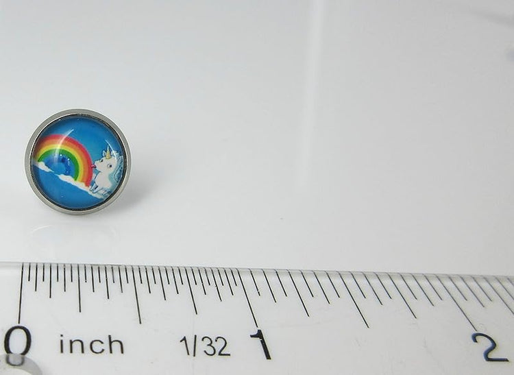 Summerfield Collection Stainless Steel Unicorn Licking Rainbow Print Glass Stud Earrings 12mm