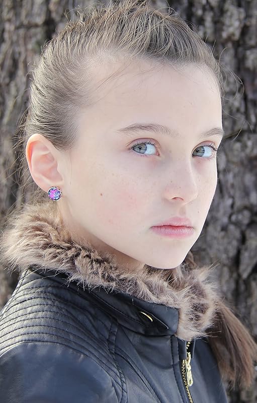 Summerfield Collection Stainless Steel Aqua Blue Pink and Purple Glitter Glass Stud Earrings Hand-painted 12mm