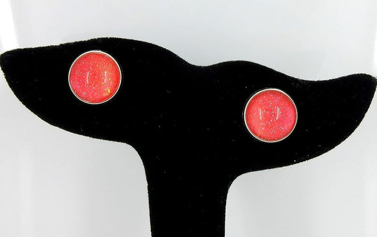 Summerfield Collection Silver-tone Coral Iridescent Glitter Glass Stud Earrings Hand-painted 12mm