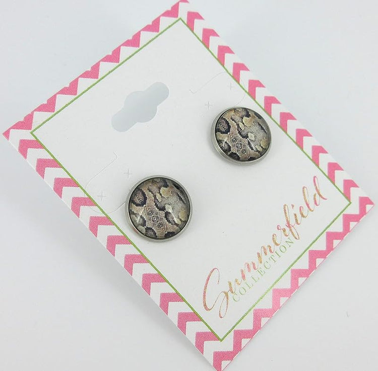 Summerfield Collection Stainless Steel Snakeskin Animal Print Glass Stud Earrings 12mm Brown