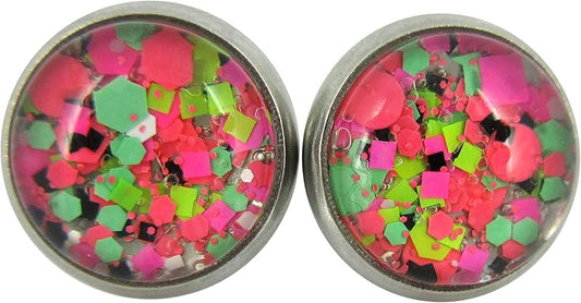 Summerfield Collection Stainless Steel Neon Party Glitter Glass Stud Earrings Hand-painted 10mm