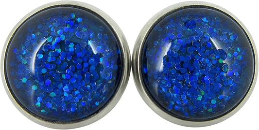 Summerfield Collection Stainless Steel Royal Blue Glitter Glass Stud Earrings Hand-painted 12mm