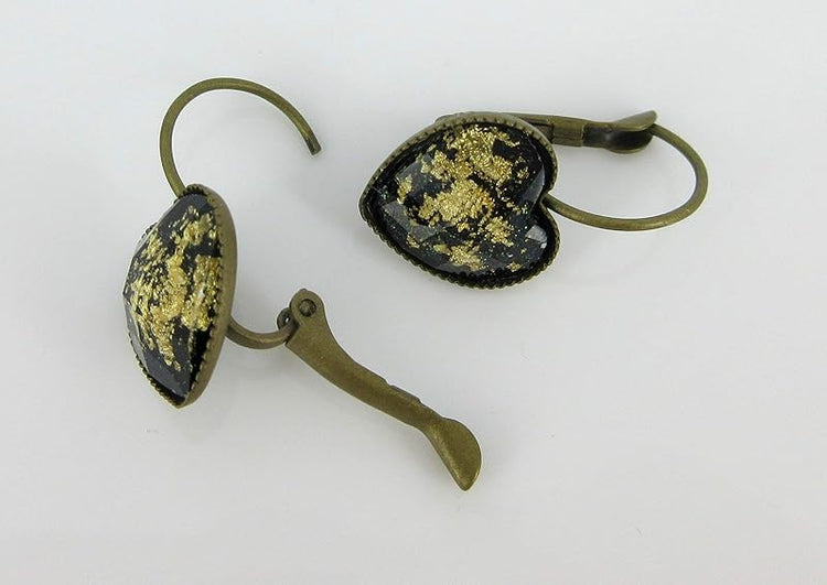 Summerfield Collection Antiqued Gold-tone Leaf Foil Black Glitter Resin Heart Drop Earrings Lever-back 12mm