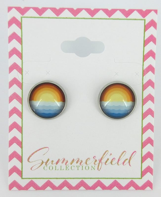 Summerfield Collection Stainless Steel Vintage Sunset Horizon and Ocean Waves Print Glass Stud Earrings 12mm
