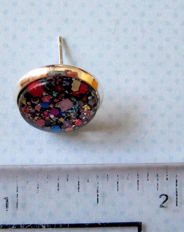Summerfield Collection Silver-Tone Black and Multi-Color Confetti Glitter Glass Stud Earrings 1/2" Round