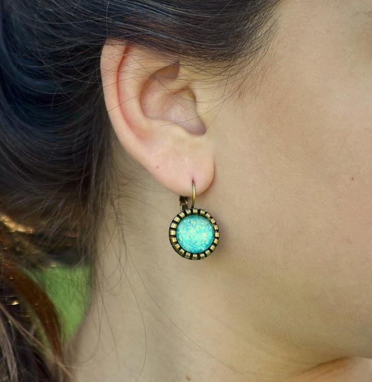 Summerfield Collection Antiqued Gold-tone Seafoam Green and Blue Glitter Glass Drop Earrings Leverback Hand-painted