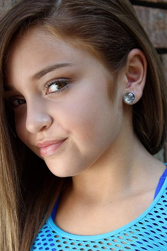 Summerfield Collection Silver-tone Black Holographic Glitter Glass Galaxy Stud Earrings Hand-painted 12mm