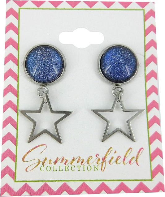 Summerfield Collection Stainless Steel Blue Galaxy Glitter Glass Stud and Star Drop Earrings