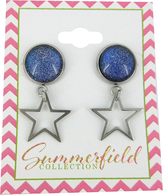 Summerfield Collection Stainless Steel Blue Galaxy Glitter Glass Stud and Star Drop Earrings