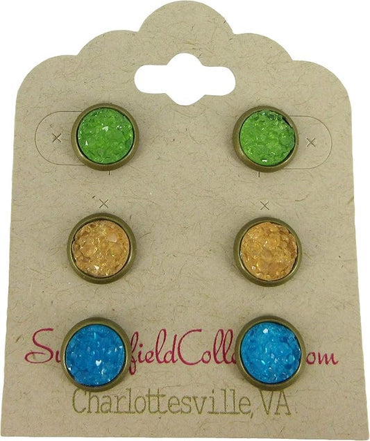 Summerfield Collection Trio Antiqued Gold-tone Stud Earrings 8mm Faux Druzy Stone Set (Green/Yellow/Blue)