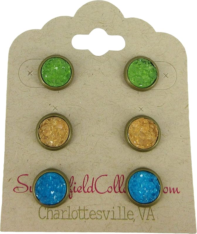 Summerfield Collection Trio Antiqued Gold-tone Stud Earrings 8mm Faux Druzy Stone Set (Green/Yellow/Blue)