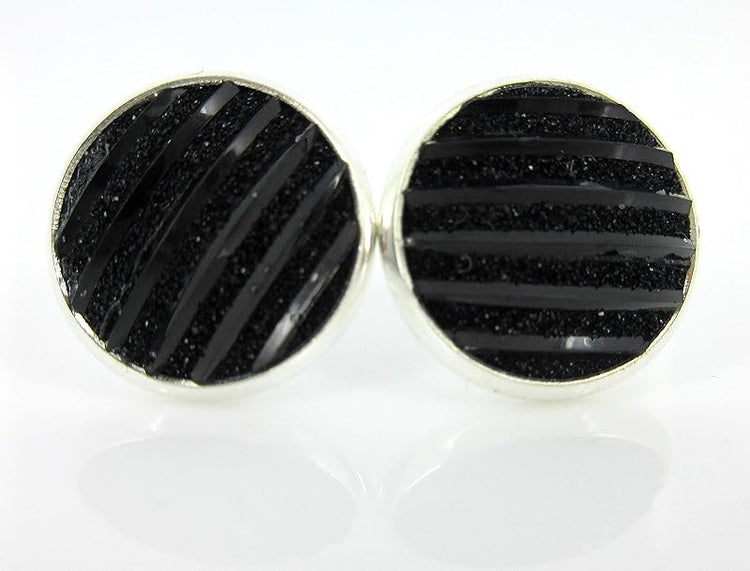 Summerfield Collection Silver-tone Frosted Metallic Stripe Stud Earrings 12mm (Black)