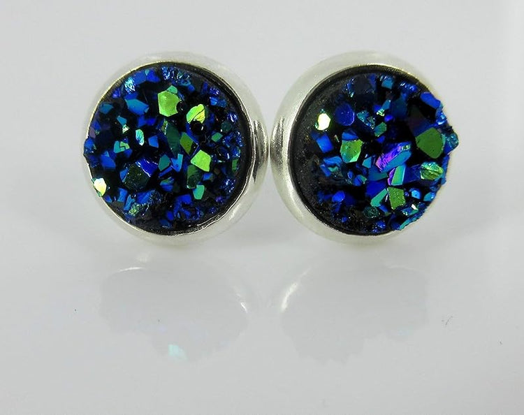 Summerfield Collection Trio Silver-tone Stud Earrings 8mm Faux Druzy Stone Set (White AB/Blue/Black)
