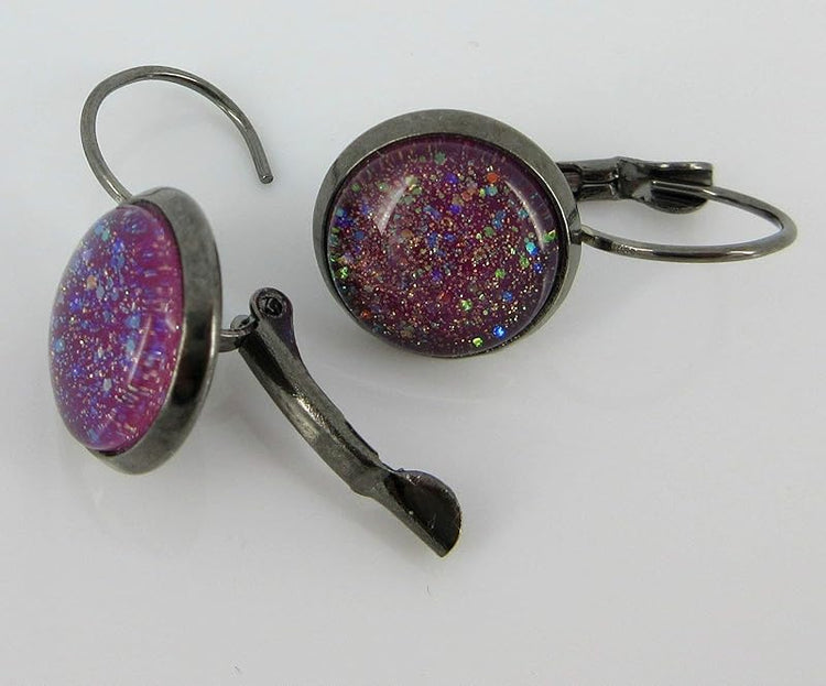 Summerfield Collection Hematite-tone Plum Berry Purple Glitter Glass Lever-back Drop Galaxy Earrings Hand-painted