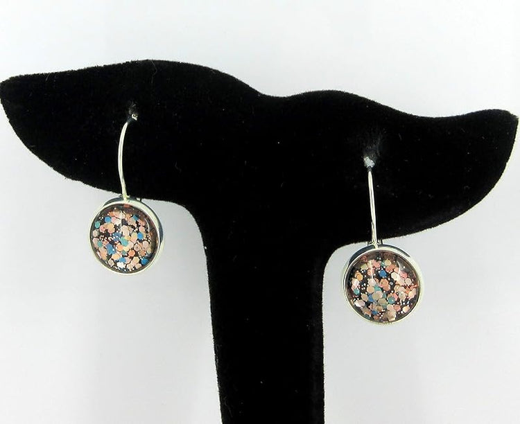 Summerfield Collection Silver-tone Black and Multi-Color Confetti Glitter Glass Lever-back Drop Earrings Hand-painted