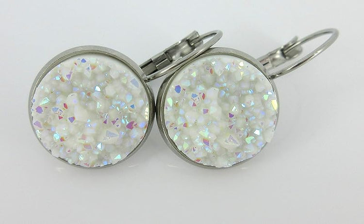 Summerfield Collection Stainless Steel Faux Druzy Stone Lever-back Drop Earrings 14mm (White)