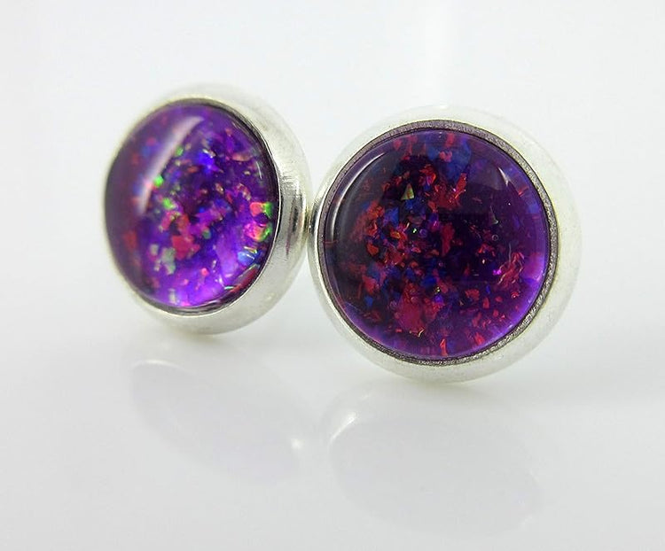 Summerfield Collection Silver-tone Electric Magenta Purple Glitter Glass Stud Earrings Hand-painted 8mm