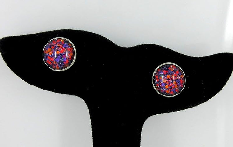 Summerfield Collection Stainless Steel Purple Orange Glitter Glass Stud Earrings Hand-painted 12mm