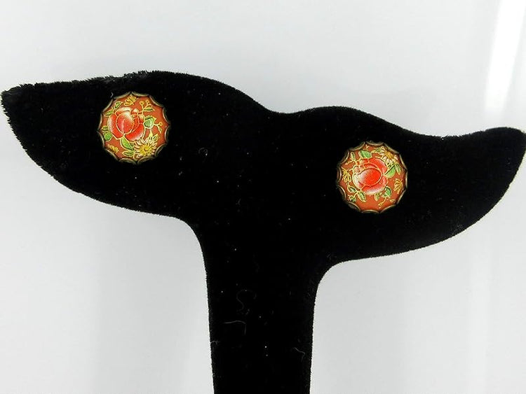 Summerfield Collection Antiqued Gold-tone Floral Print Stud Earrings 12mm (Orange)