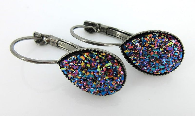 Summerfield Collection Hematite-tone Unicorn Tear Faux Druzy Stone Lever-back Drop Earrings 12mm