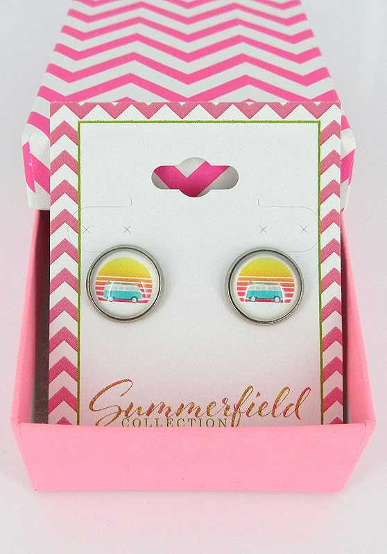 Summerfield Collection Stainless Steel Vintage Camper Sunset Print Glass Stud Earrings 12mm