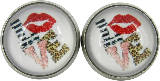 Summerfield Collection Stainless Steel Love Print Glass Stud Earrings 12mm White Animal Red Lips
