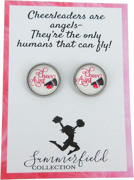 Summerfield Collection Stainless Steel Cheer Printed Glass Stud Earrings 12mm (Cheer Aunt)