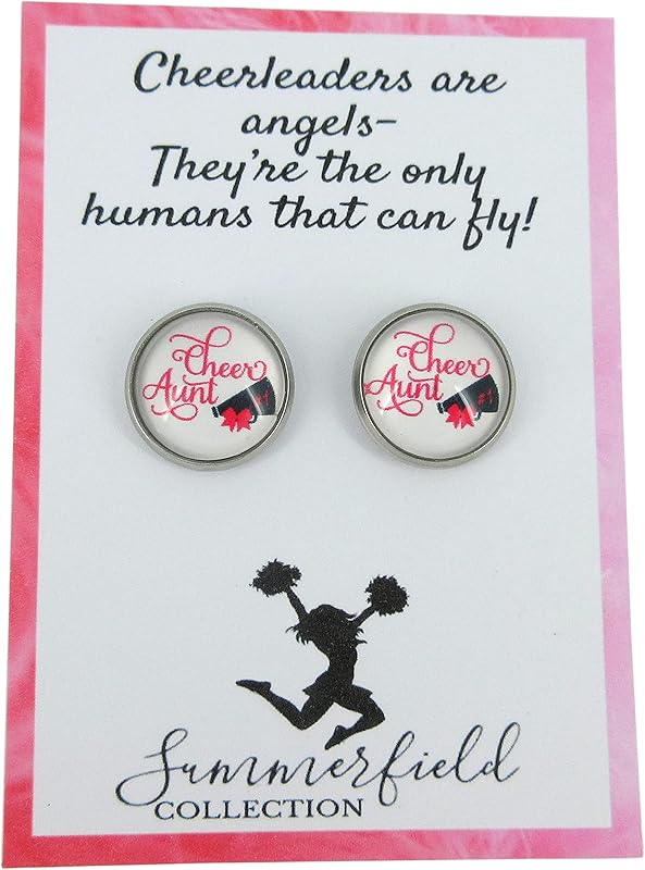 Summerfield Collection Stainless Steel Cheer Printed Glass Stud Earrings 12mm (Cheer Aunt)