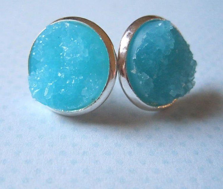 Summerfield Collection Trio Silver-tone Stud Earrings Aqua Blue Faux Druzy Stone Mermaid Scale Glitter Resin Set
