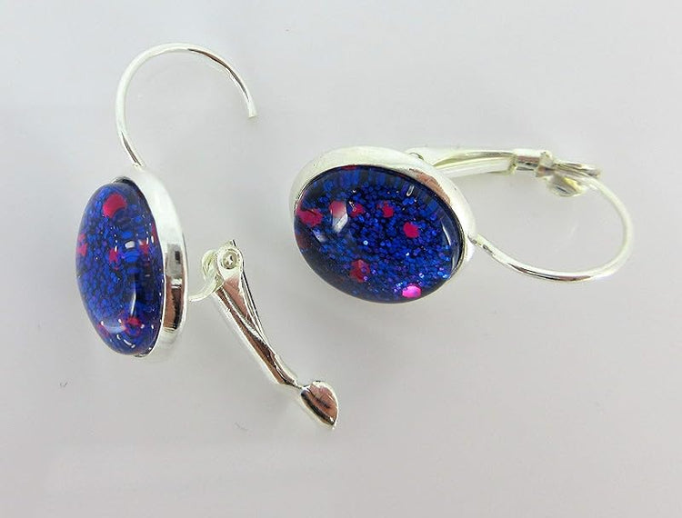 Summerfield Collection Silver-tone Blue Purple and Pink Glitter Glass Lever-back Drop Earrings Hand-painted