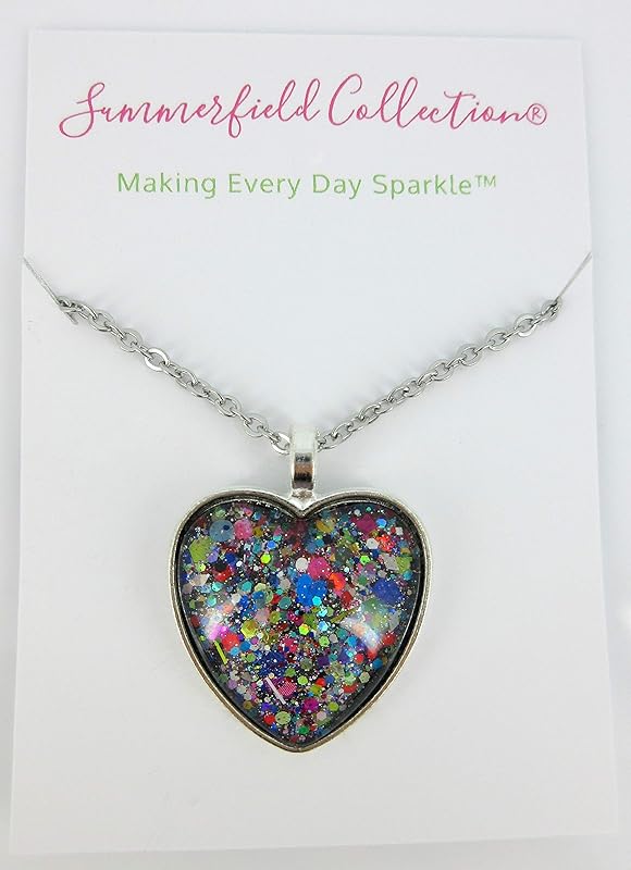 Summerfield Collection Silver-Tone Black and Multi-Color Confetti Glitter Glass Heart Pendant Necklace 20" Chain Stainless