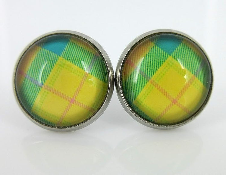 Summerfield Collection Stainless Steel Duo Stud Earrings Plaid Print Glass 12mm Set (Pastel)