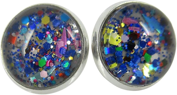 Summerfield Collection Silver-tone Gray and Multi Color Confetti Glitter Glass Stud Earrings Hand-painted 12mm