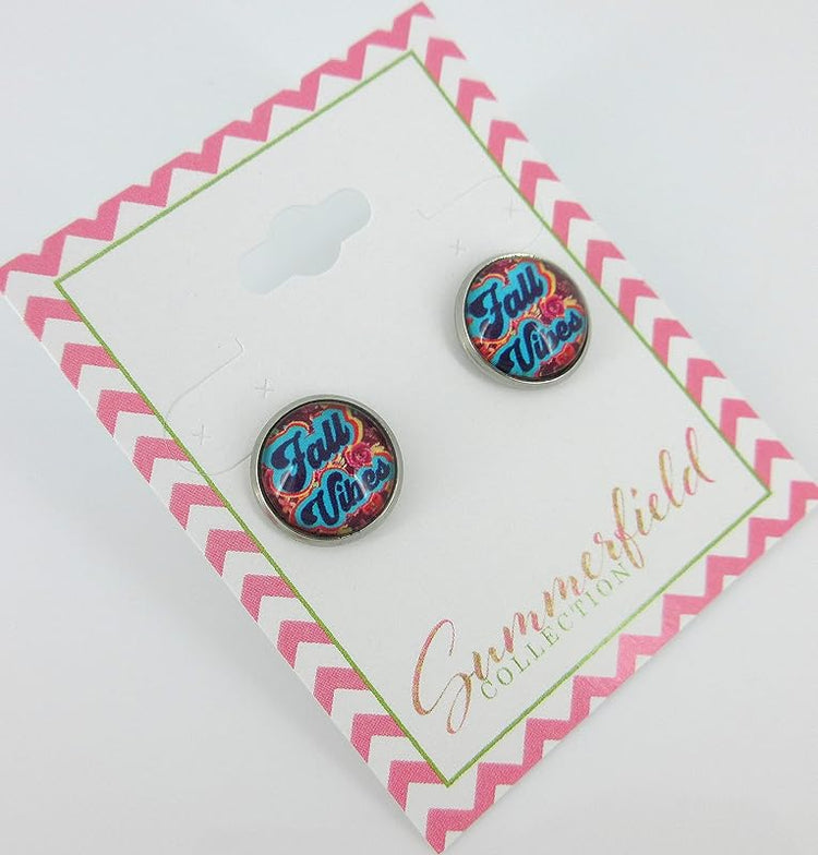 Summerfield Collection Stainless Steel Fall Vibes Print Glass Stud Earrings 12mm