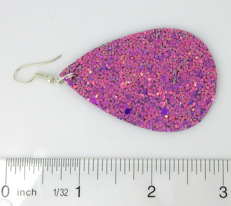 Summerfield Collection Silver-tone Glitter Faux Leather Large Teardrop Dangle Earrings (Magenta)