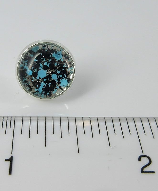 Summerfield Collection Silver-tone Aqua Blue and Black Glitter Glass Stud Earrings Hand-painted 12mm