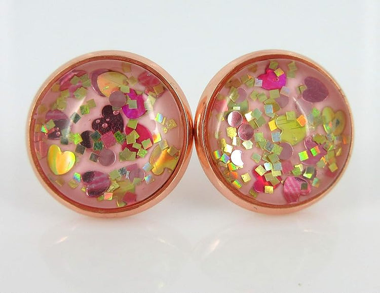 Summerfield Collection Rose Gold-tone Heart and Square Glitter Glass Stud Earrings Hand-painted 12mm