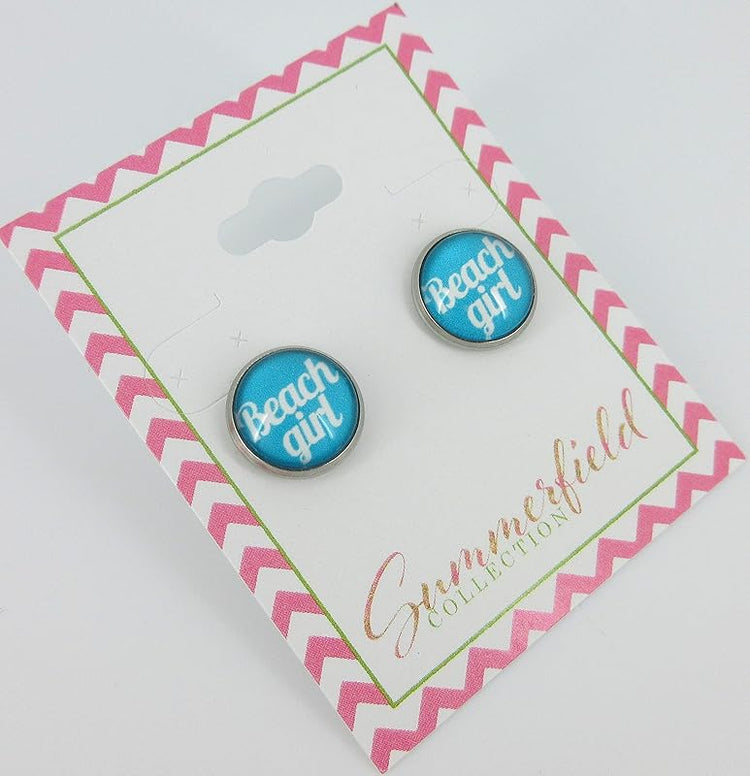 Summerfield Collection Stainless Steel Print Glass Stud Earrings 12mm (Beach Girl)