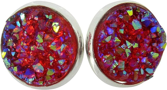 Summerfield Collection Silver-tone Translucent AB Faux Druzy Stone Stud Earrings 12mm (Raspberry)